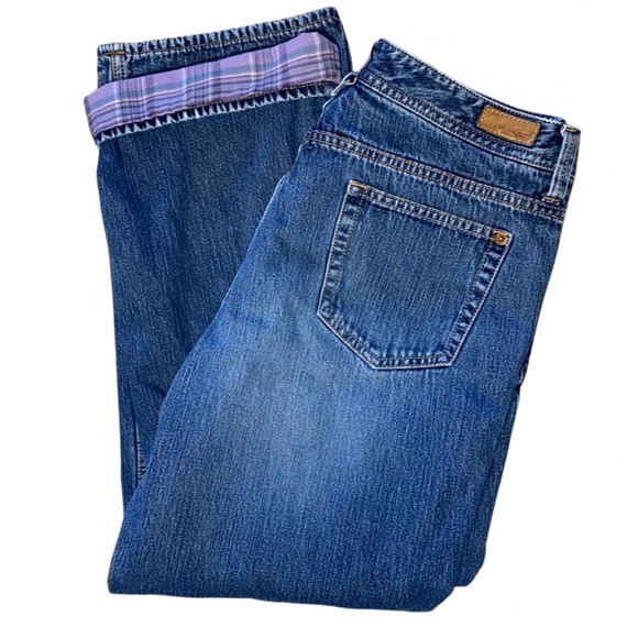 Eddie Bauer Natural Fit High Waist Purple Grey Flannel Plaid Lined Jeans 10P - Picture 1 of 15